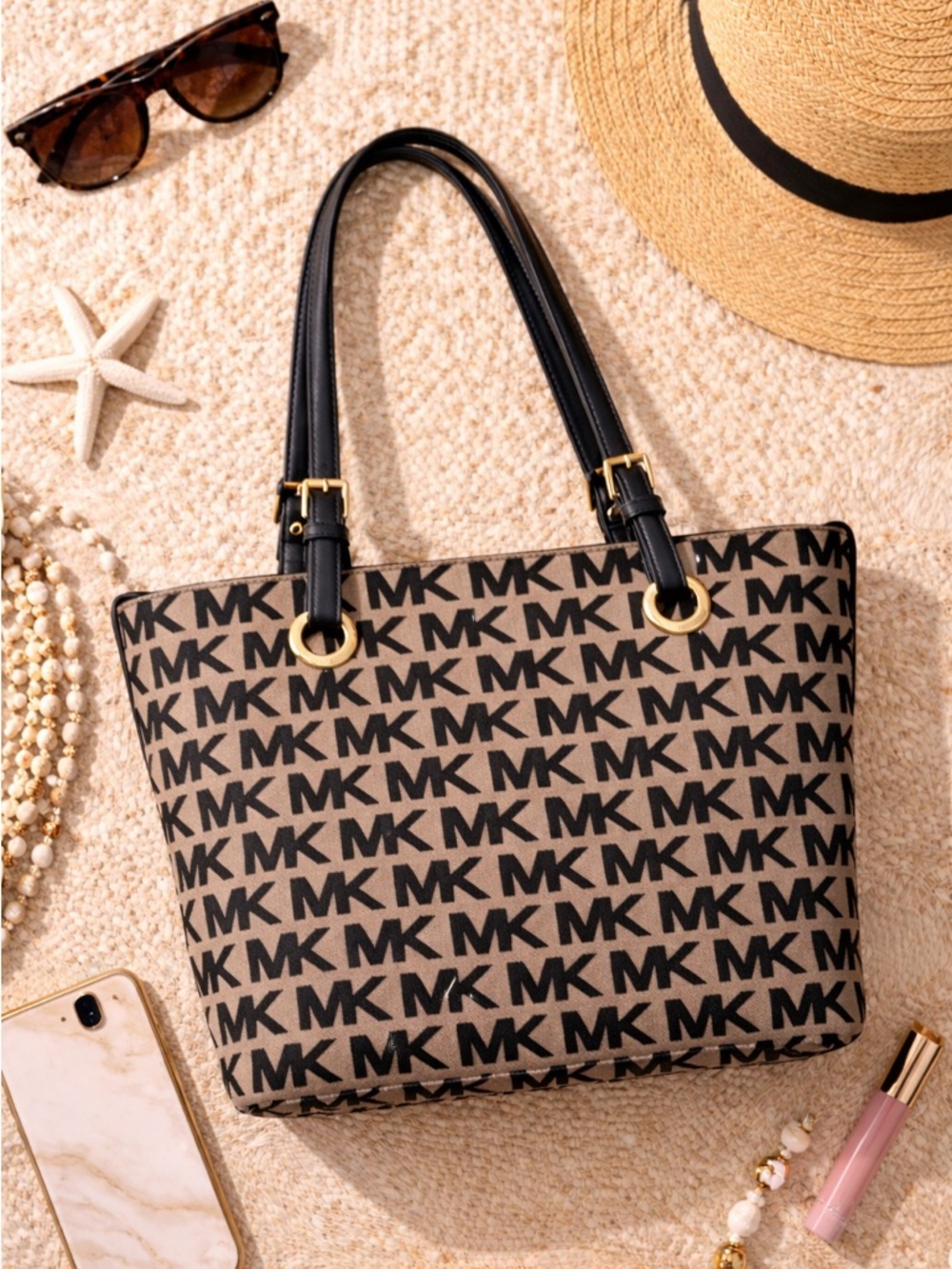 Michael Kors Tan and Black MK Logo Canvas Tote